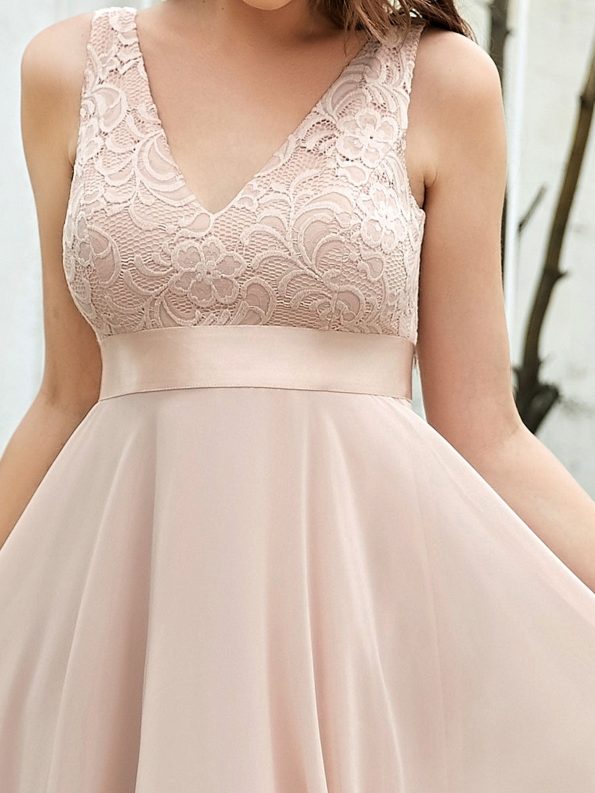 Deep V-Neck Lace Chiffon Bridesmaid Dress with Asymmetrical Hem - Blush