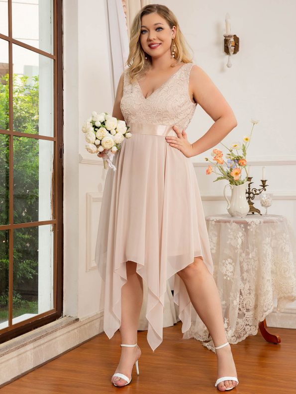 Deep V-Neck Lace Chiffon Bridesmaid Dress with Asymmetrical Hem - Blush