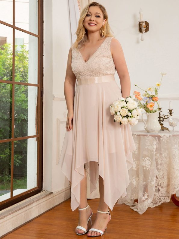 Deep V-Neck Lace Chiffon Bridesmaid Dress with Asymmetrical Hem - Blush