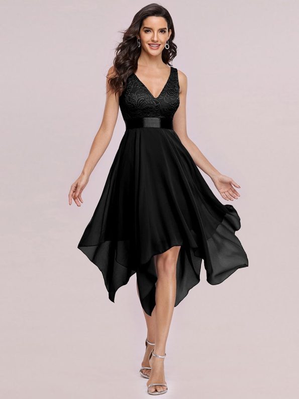 Stunning V Neck Prom Lace Dress for Women - Black