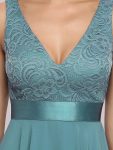 Stunning V Neck Lace Dress with Asymmetrical Hems – Dusty Blue