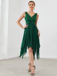 Deep V-Neck Lace Chiffon Bridesmaid Dress with Asymmetrical Hem – Dark Green