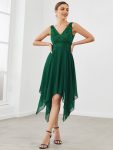 Deep V-Neck Lace Chiffon Bridesmaid Dress with Asymmetrical Hem – Dark Green