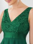 Deep V-Neck Lace Chiffon Bridesmaid Dress with Asymmetrical Hem – Dark Green