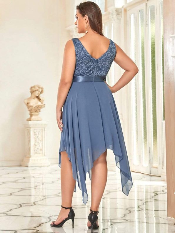 Stunning V Neck Lace Dress with Asymmetrical Hems - Dusty Navy