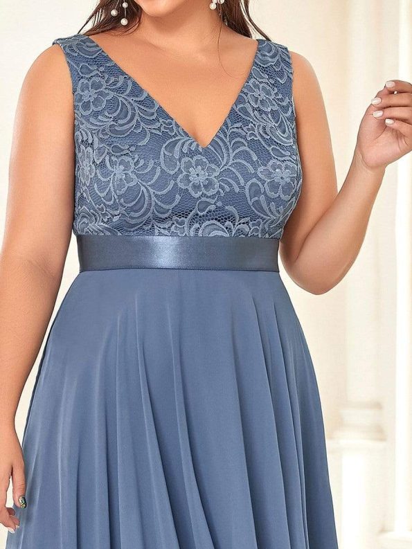 Stunning V Neck Lace Dress with Asymmetrical Hems - Dusty Navy