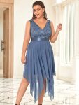 Stunning V Neck Lace Dress with Asymmetrical Hems – Dusty Navy