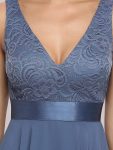 Stunning V Neck Lace Dress with Asymmetrical Hems – Dusty Navy