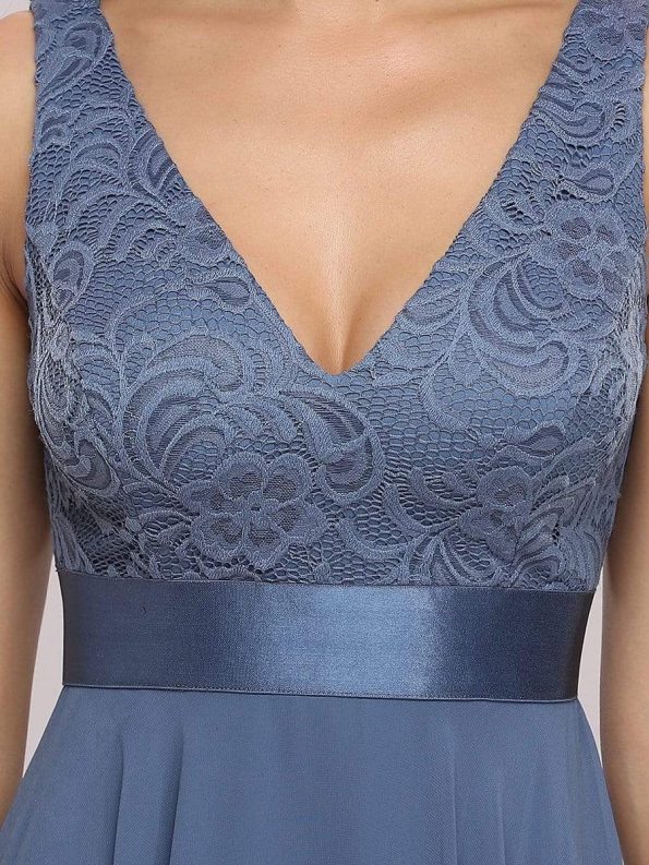 Stunning V Neck Lace Dress with Asymmetrical Hems - Dusty Navy