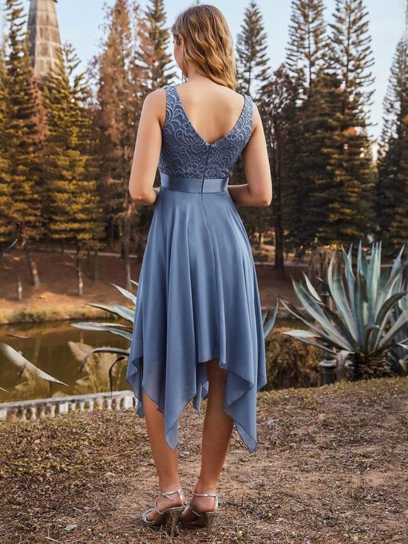 Stunning V Neck Lace Dress with Asymmetrical Hems - Dusty Navy