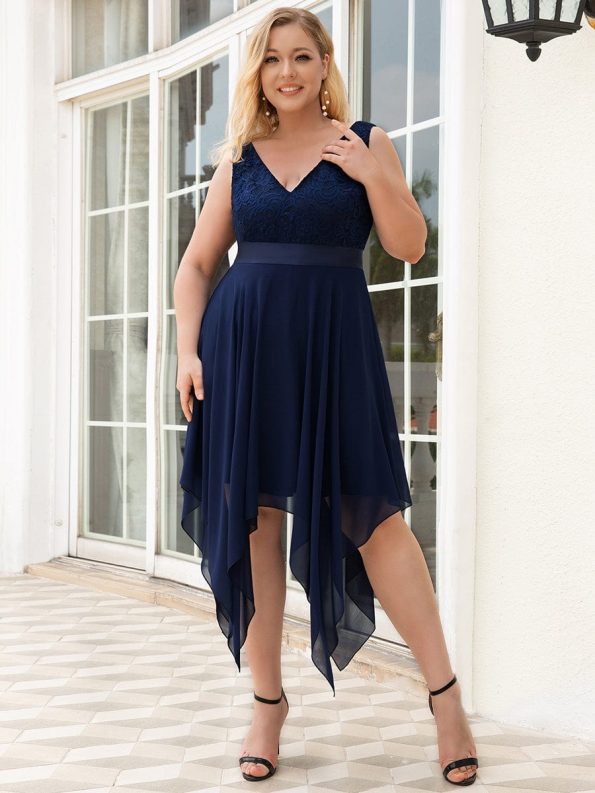 Deep V-Neck Lace Chiffon Bridesmaid Dress with Asymmetrical Hem - Navy Blue