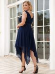 Deep V-Neck Lace Chiffon Bridesmaid Dress with Asymmetrical Hem – Navy Blue