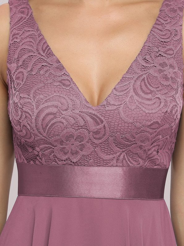 Deep V-Neck Lace Chiffon Bridesmaid Dress with Asymmetrical Hem - Purple Orchid