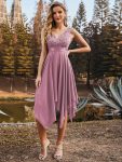 Deep V-Neck Lace Chiffon Bridesmaid Dress with Asymmetrical Hem – Purple Orchid