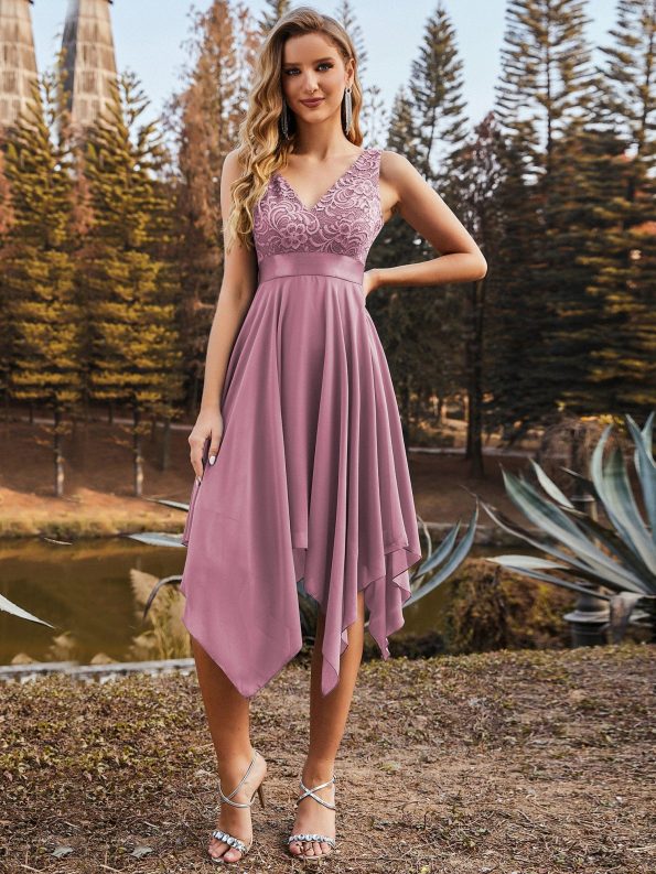 Deep V-Neck Lace Chiffon Bridesmaid Dress with Asymmetrical Hem - Purple Orchid