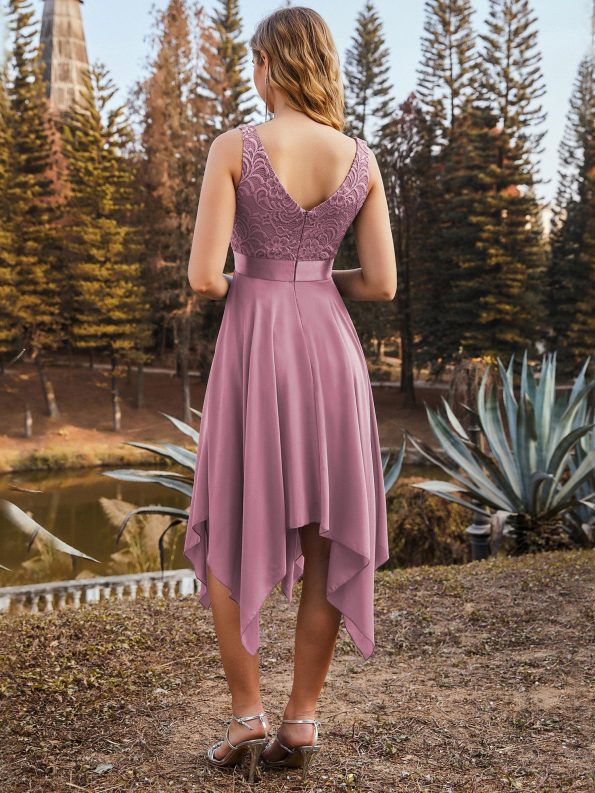 Deep V-Neck Lace Chiffon Bridesmaid Dress with Asymmetrical Hem - Purple Orchid