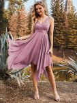 Deep V-Neck Lace Chiffon Bridesmaid Dress with Asymmetrical Hem – Purple Orchid