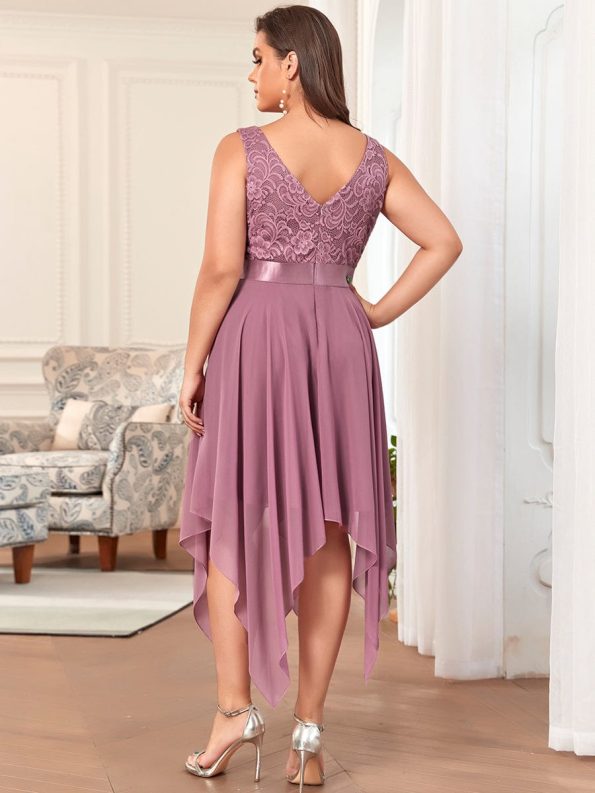 Deep V-Neck Lace Chiffon Bridesmaid Dress with Asymmetrical Hem - Purple Orchid