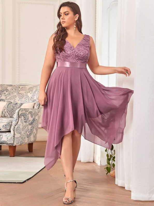 Stunning V Neck Lace Dress with Asymmetrical Hems - Purple Orchid