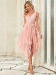 Deep V-Neck Lace Chiffon Bridesmaid Dress with Asymmetrical Hem – Pink