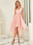 Deep V-Neck Lace Chiffon Bridesmaid Dress with Asymmetrical Hem – Pink