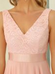 Deep V-Neck Lace Chiffon Bridesmaid Dress with Asymmetrical Hem – Pink