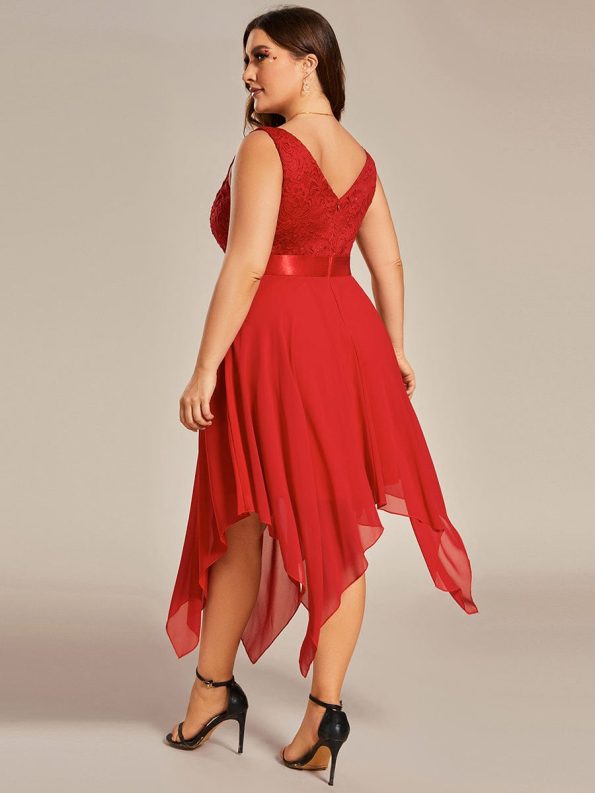 Stunning V Neck Lace Dress with Asymmetrical Hems - Red