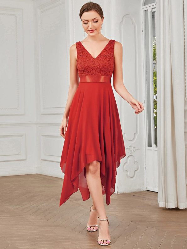 Stunning V Neck Lace Dress with Asymmetrical Hems - Red