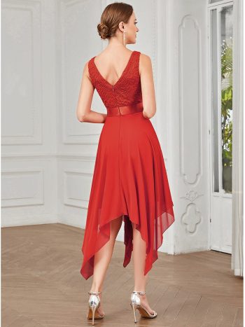 Stunning V Neck Lace Dress with Asymmetrical Hems - Red