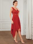 Stunning V Neck Lace Dress with Asymmetrical Hems – Red