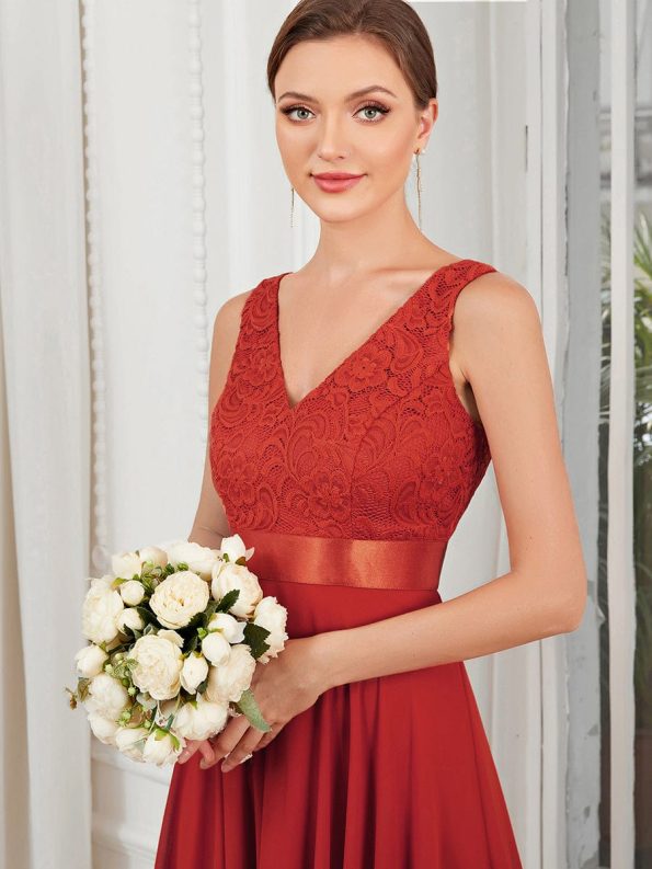 Stunning V Neck Lace Dress with Asymmetrical Hems - Red