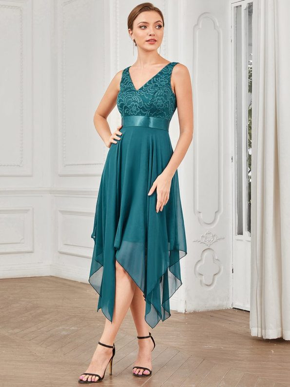 Stunning V Neck Prom Lace Dress for Women - Teal