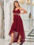 V Neck High-low Hem Pleated Tulle Prom Dress – Burgundy