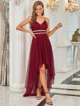 V Neck High-low Hem Pleated Tulle Prom Dress – Burgundy