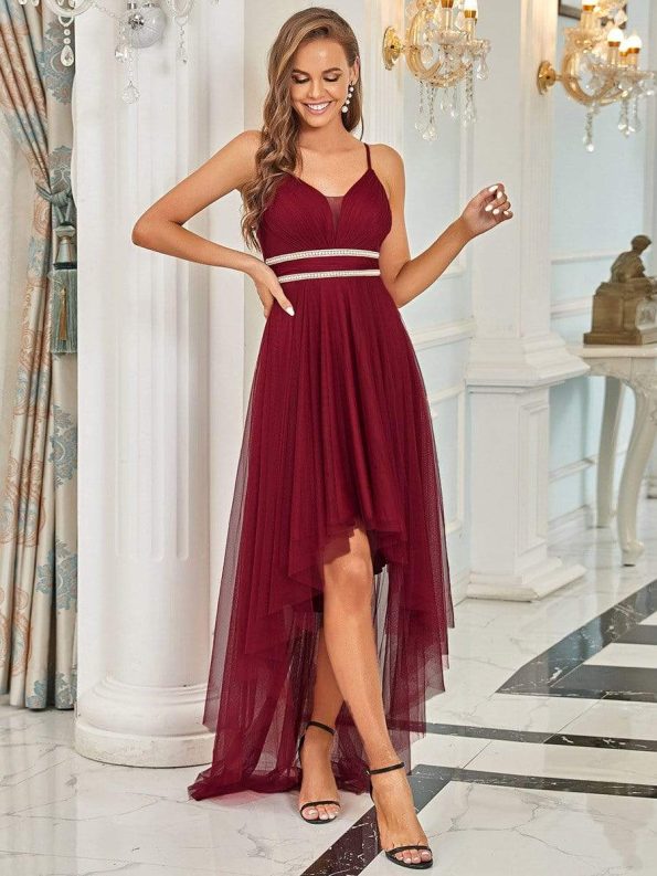 V Neck High-low Hem Pleated Tulle Prom Dress - Burgundy