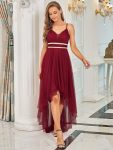 V Neck High-low Hem Pleated Tulle Prom Dress – Burgundy