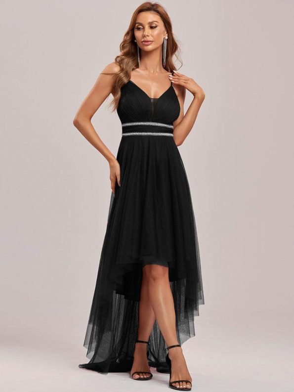 V Neck High-low Hem Pleated Tulle Prom Dress - Black