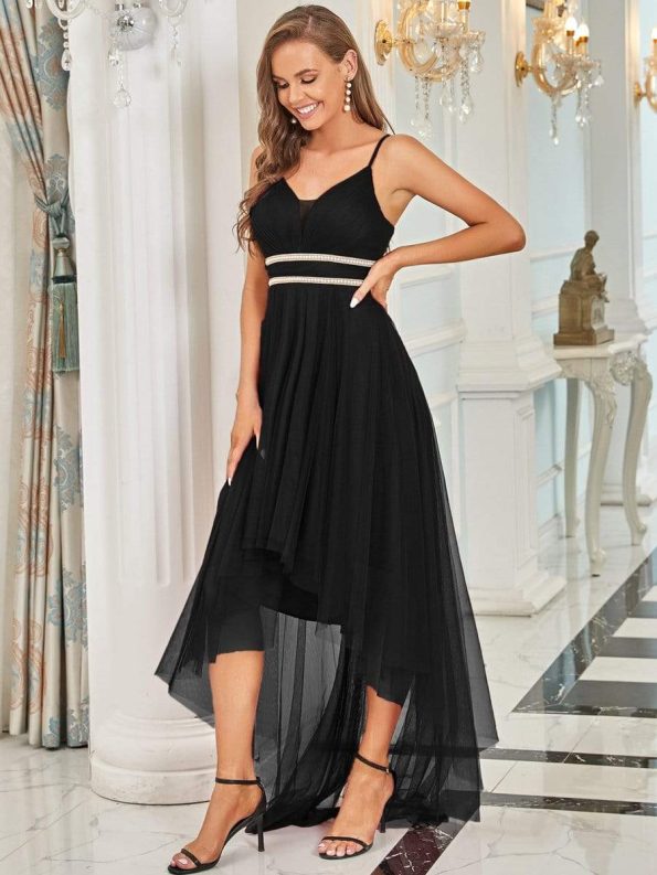 V Neck High-low Hem Pleated Tulle Prom Dress - Black