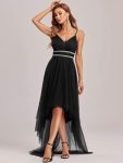 V Neck High-low Hem Pleated Tulle Prom Dress – Black