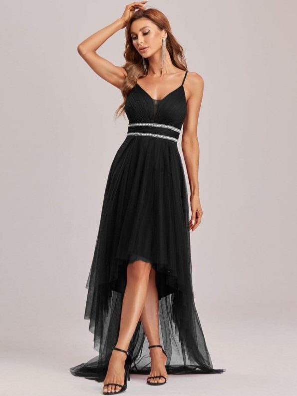 V Neck High-low Hem Pleated Tulle Prom Dress - Black