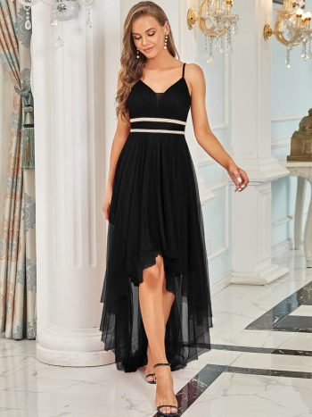 V Neck High-low Hem Pleated Tulle Prom Dress - Black