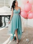 V Neck High-low Hem Pleated Tulle Prom Dress – Dusty Blue