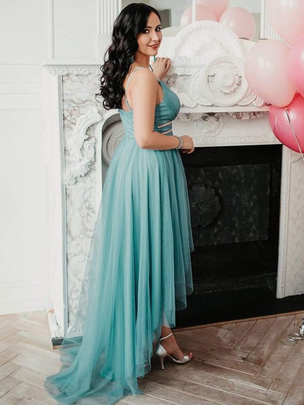 V Neck High-low Hem Pleated Tulle Prom Dress - Dusty Blue