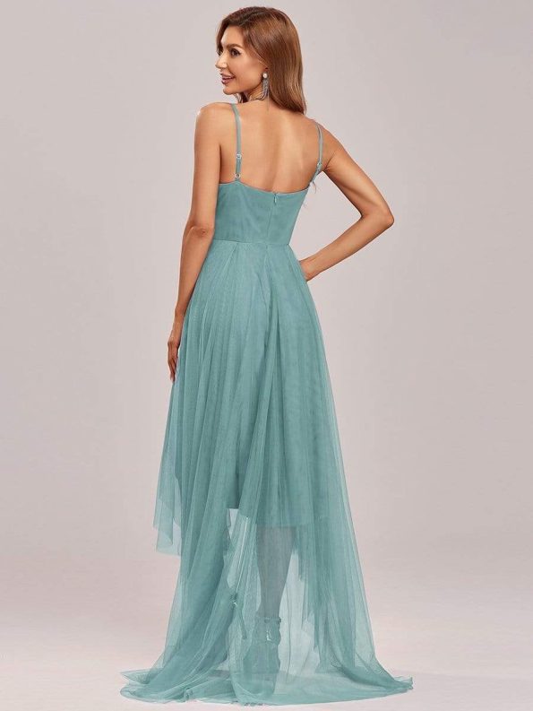 V Neck High-low Hem Pleated Tulle Prom Dress - Dusty Blue