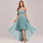 V Neck High-low Hem Pleated Tulle Prom Dress – Dusty Blue