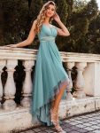 V Neck High-low Hem Pleated Tulle Prom Dress – Dusty Blue