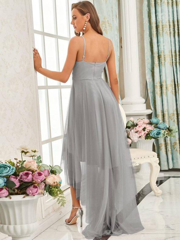 V Neck High-low Hem Pleated Tulle Prom Dress - Grey