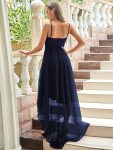 V Neck High-low Hem Pleated Tulle Prom Dress – Navy Blue