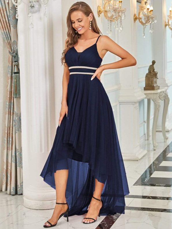 V Neck High-low Hem Pleated Tulle Prom Dress - Navy Blue