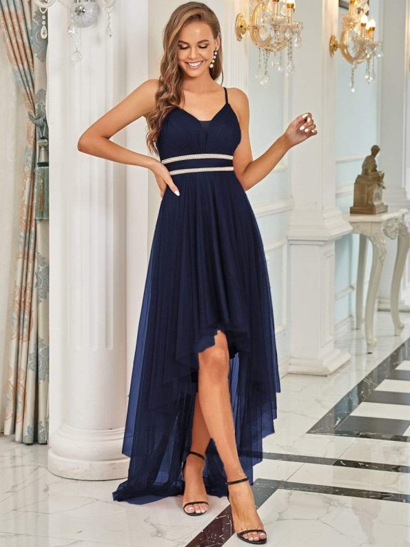 V Neck High-low Hem Pleated Tulle Prom Dress - Navy Blue